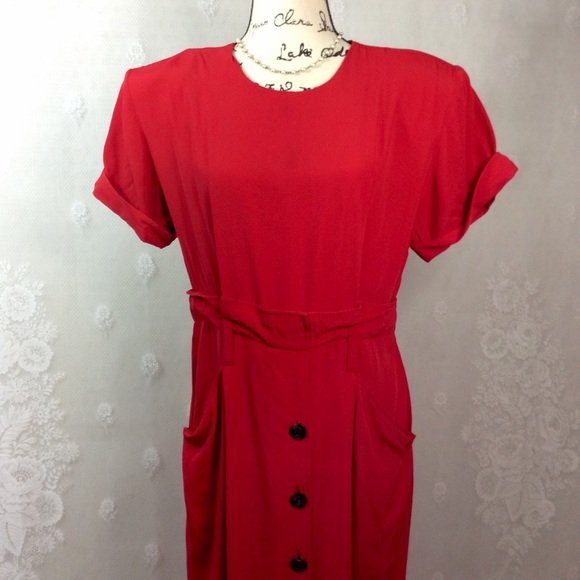 Vintage Red Mock Paper-bag Midi Sheath Dress 12 - Picture 1 of 13